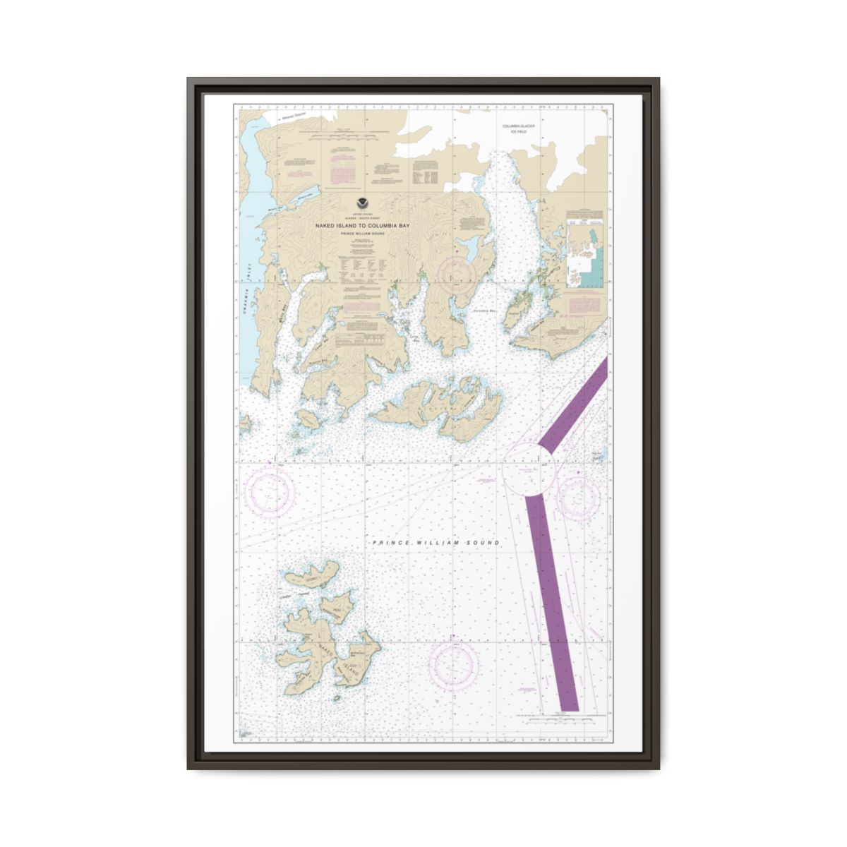 Chart 16713 Naked Island to Columbia Bay - NOAA Nautical Chart Floating Frame Canvas | 20" x 30" | 24" x 36" | 32" x 48" - Espresso front