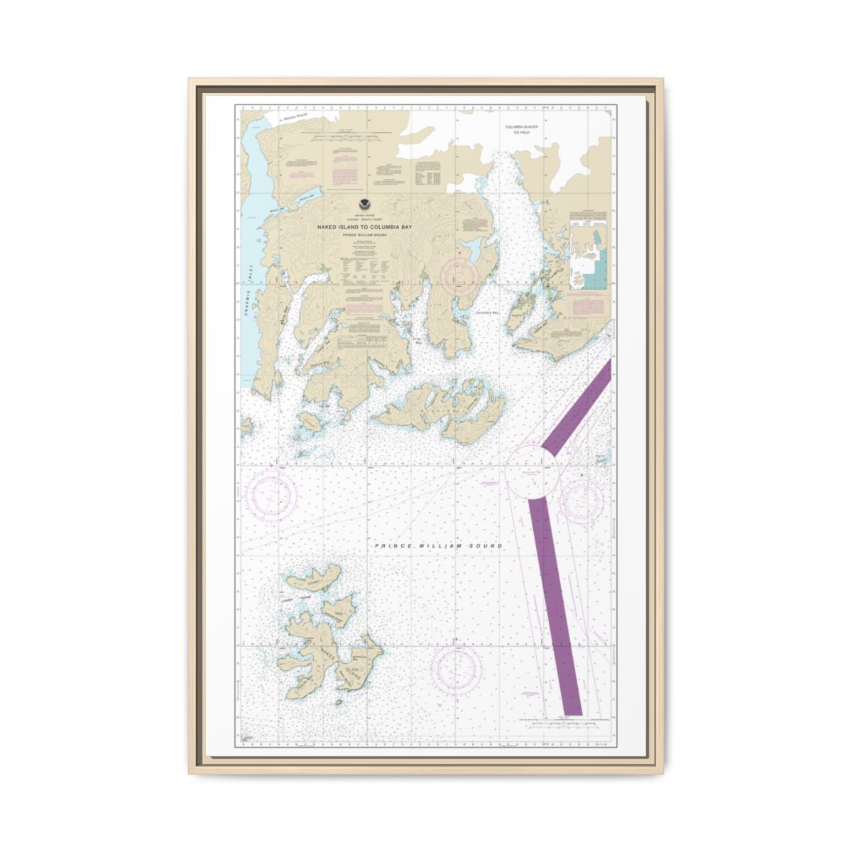 Chart 16713 Naked Island to Columbia Bay - NOAA Nautical Chart Floating Frame Canvas | 20" x 30" | 24" x 36" | 32" x 48" - Natural front