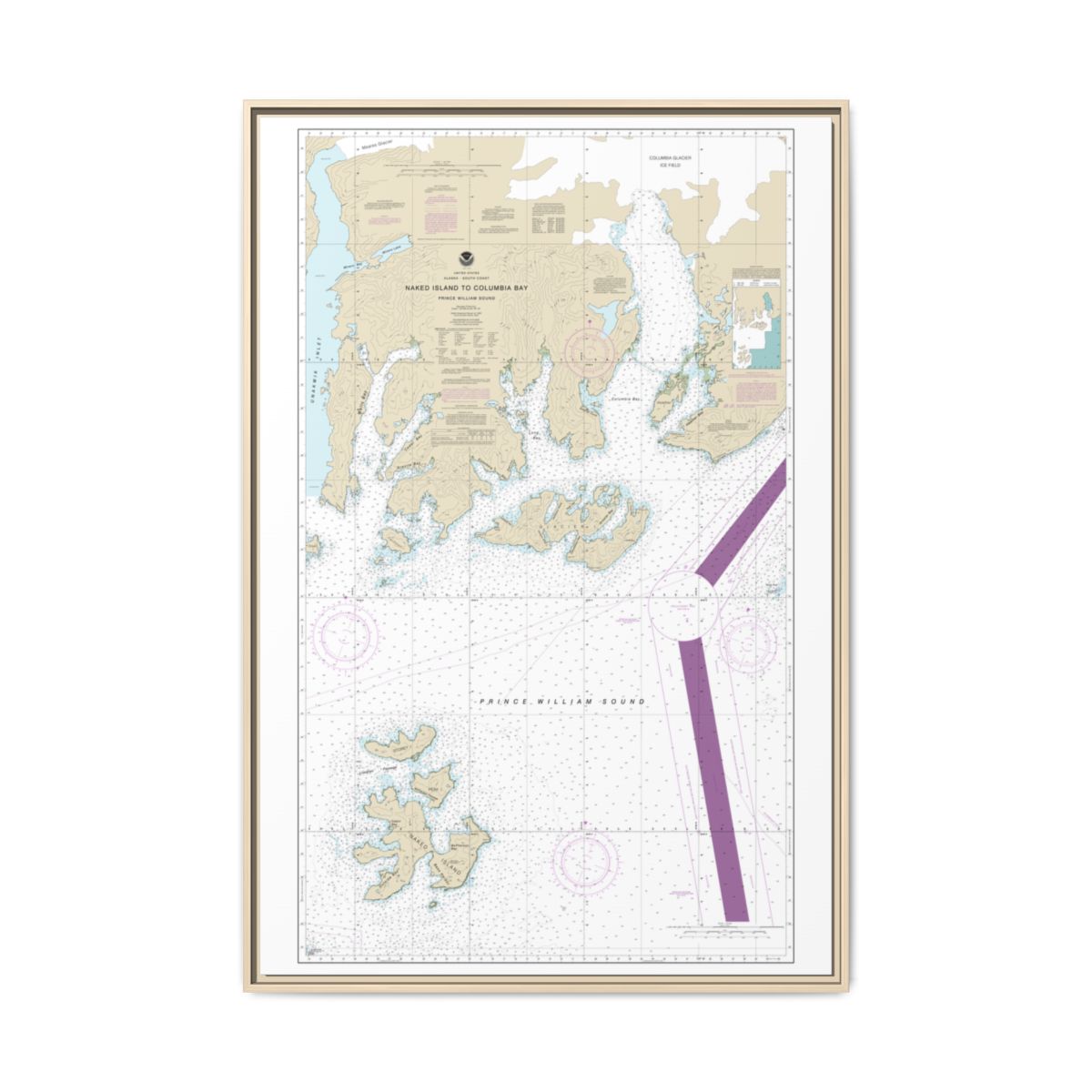 Chart 16713 Naked Island to Columbia Bay - NOAA Nautical Chart Floating Frame Canvas | 20" x 30" | 24" x 36" | 32" x 48" - Natural front