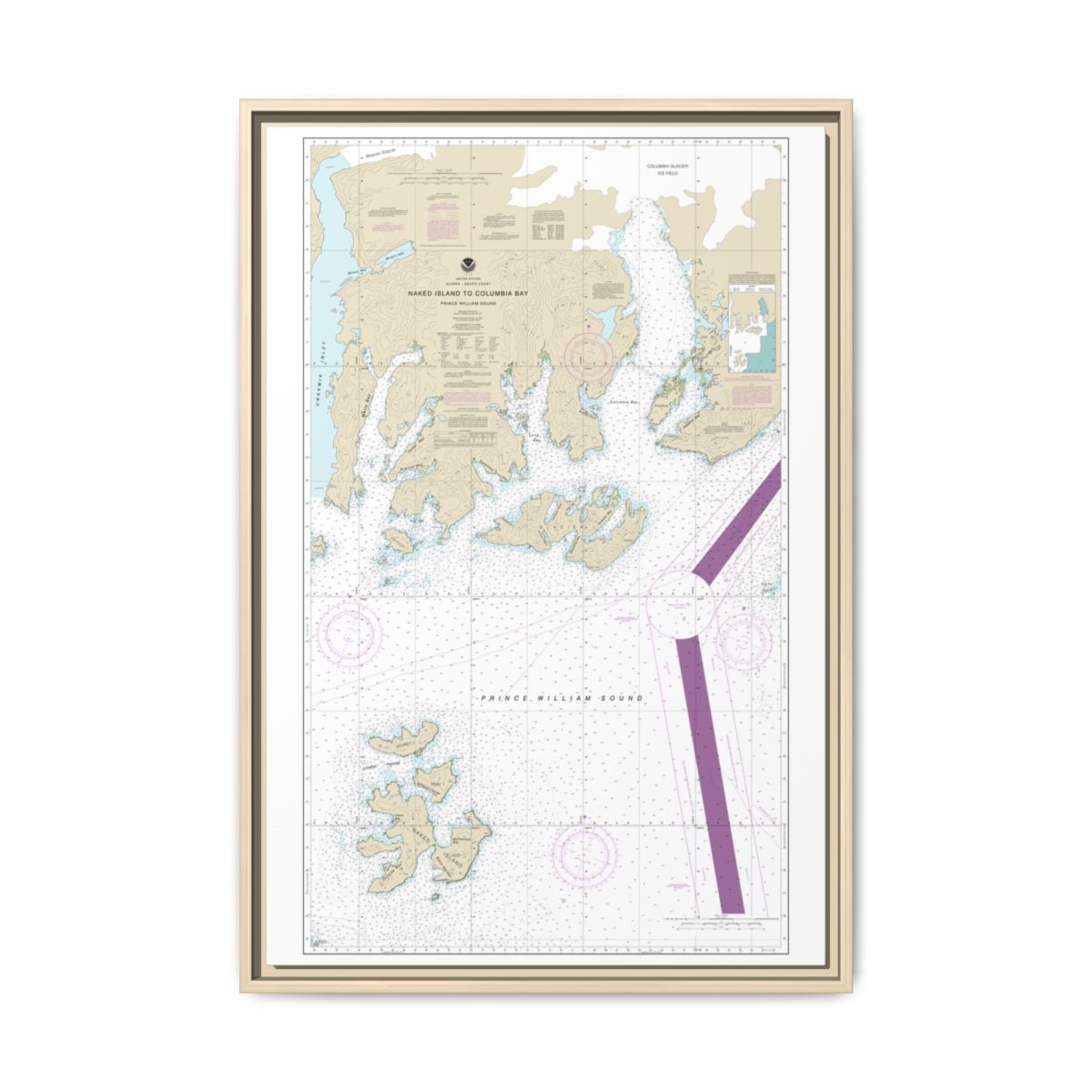 Chart 16713 Naked Island to Columbia Bay - NOAA Nautical Chart Floating Frame Canvas | 20" x 30" | 24" x 36" | 32" x 48" - Natural front