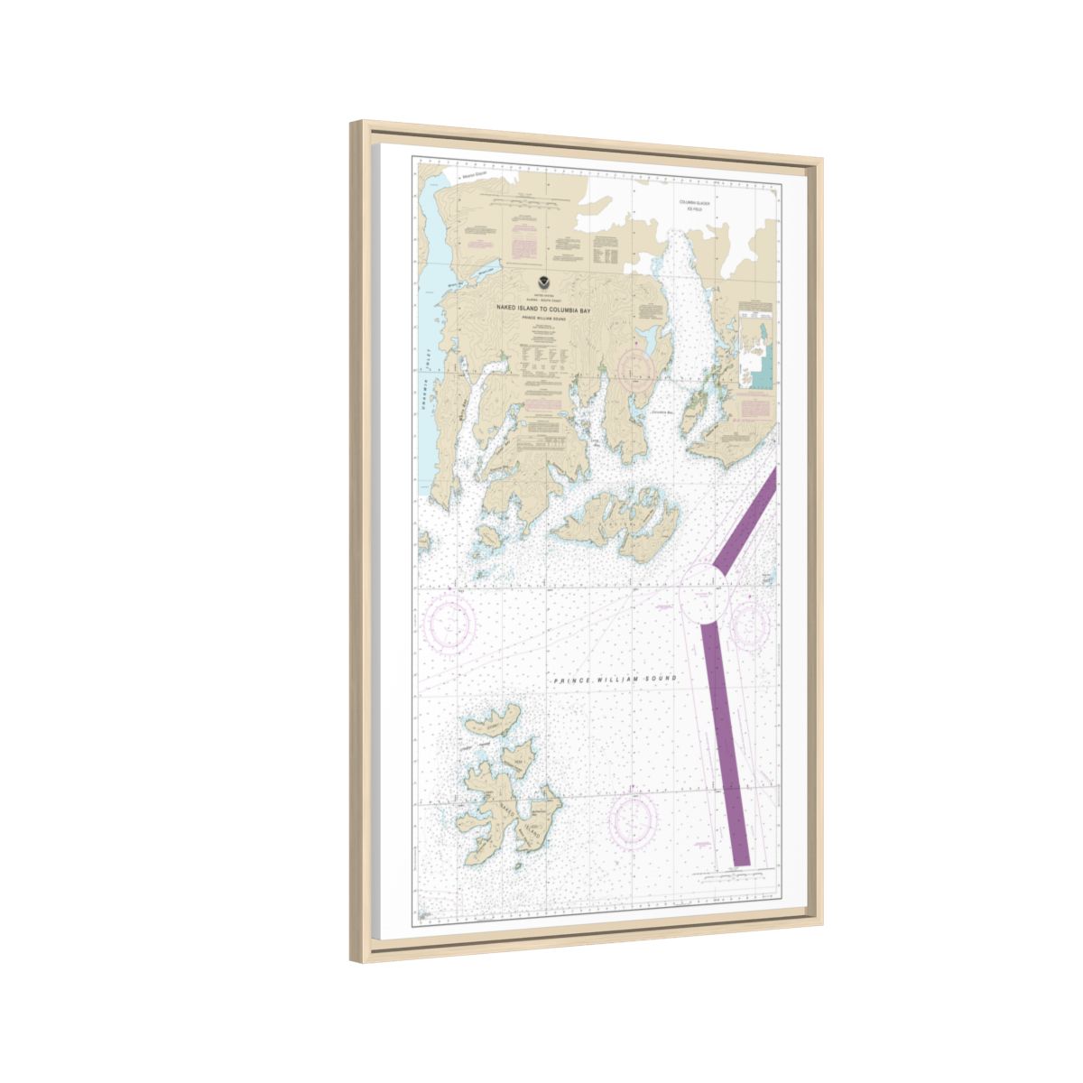 Chart 16713 Naked Island to Columbia Bay - NOAA Nautical Chart Floating Frame Canvas | 20" x 30" | 24" x 36" | 32" x 48" - Natural side