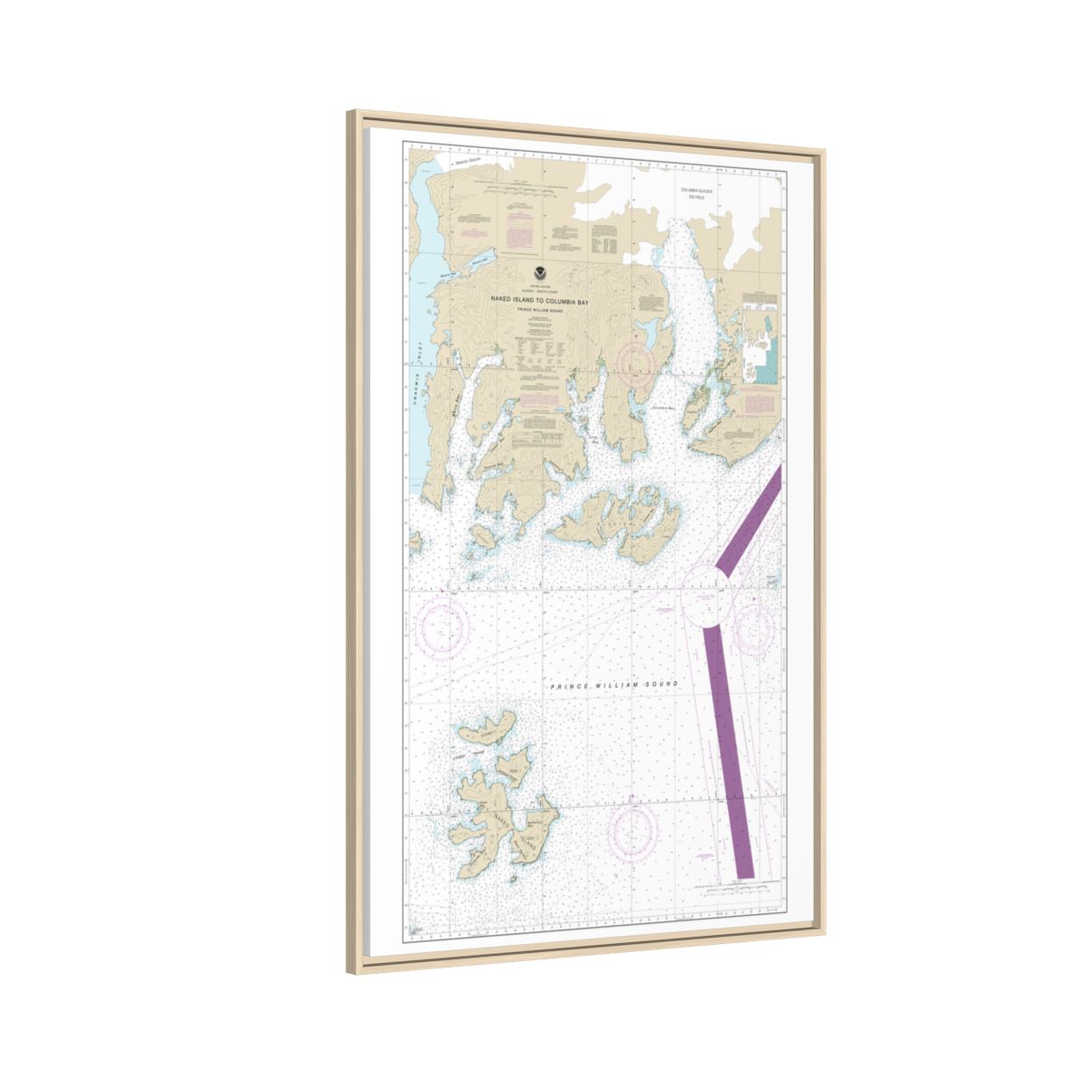 Chart 16713 Naked Island to Columbia Bay - NOAA Nautical Chart Floating Frame Canvas | 20" x 30" | 24" x 36" | 32" x 48" - Natural side