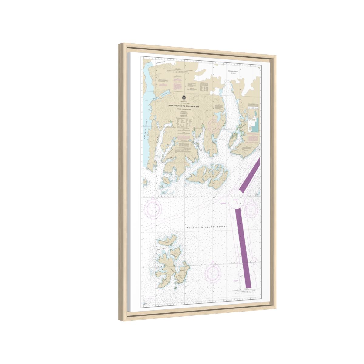 Chart 16713 Naked Island to Columbia Bay - NOAA Nautical Chart Floating Frame Canvas | 20" x 30" | 24" x 36" | 32" x 48" - Natural side