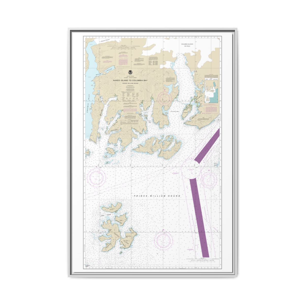 Chart 16713 Naked Island to Columbia Bay - NOAA Nautical Chart Floating Frame Canvas | 20" x 30" | 24" x 36" | 32" x 48" - White front