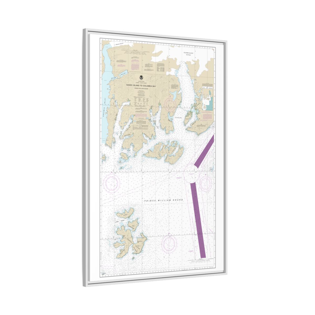 Chart 16713 Naked Island to Columbia Bay - NOAA Nautical Chart Floating Frame Canvas | 20" x 30" | 24" x 36" | 32" x 48" - White side