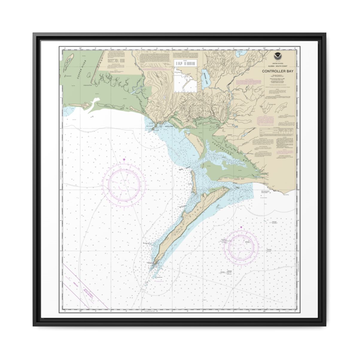 Chart 16723 Controller Bay - NOAA Nautical Chart Floating Frame Canvas | 32" x 32" - Black front