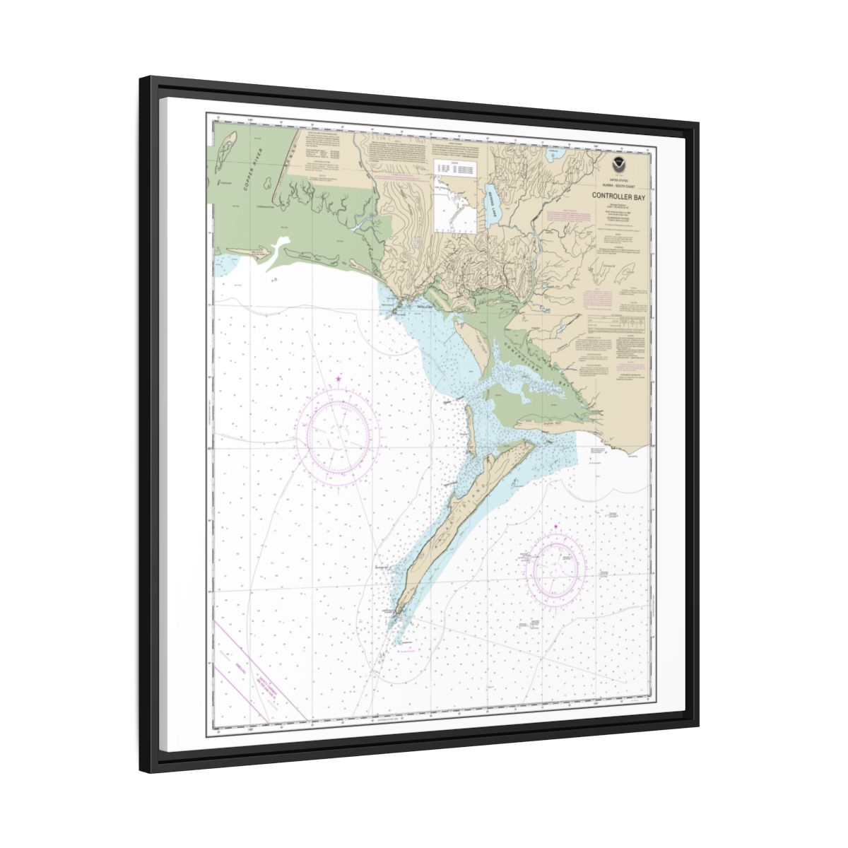 Chart 16723 Controller Bay - NOAA Nautical Chart Floating Frame Canvas | 32" x 32" - Black side