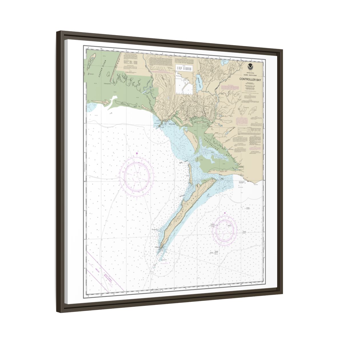 Chart 16723 Controller Bay - NOAA Nautical Chart Floating Frame Canvas | 32" x 32" - Espresso side