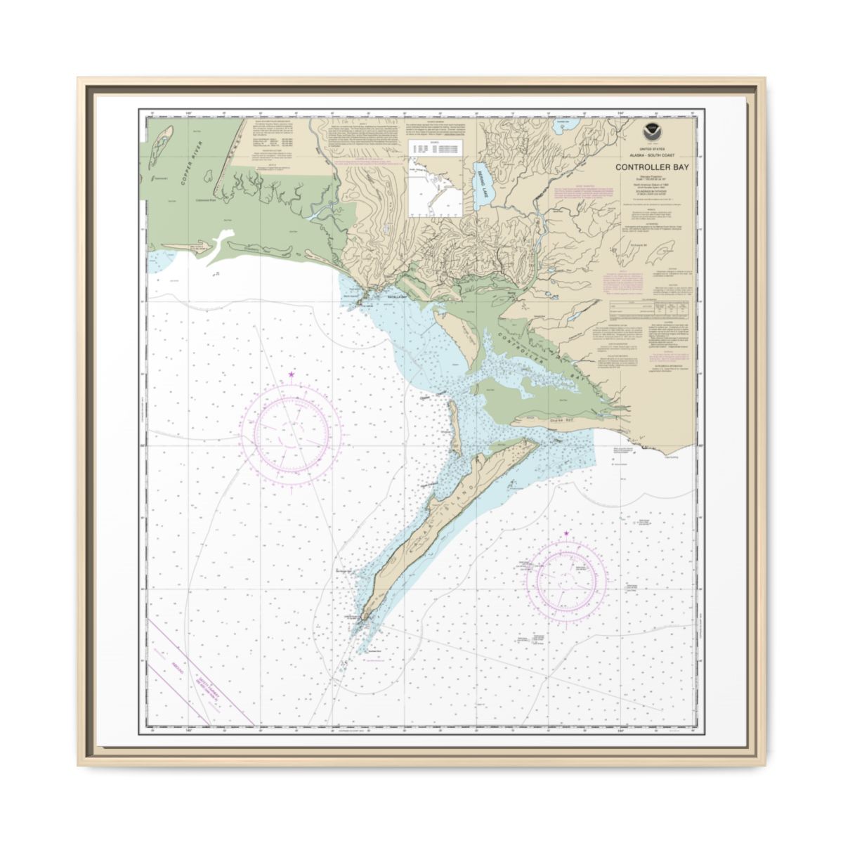 Chart 16723 Controller Bay - NOAA Nautical Chart Floating Frame Canvas | 32" x 32" - Natural front