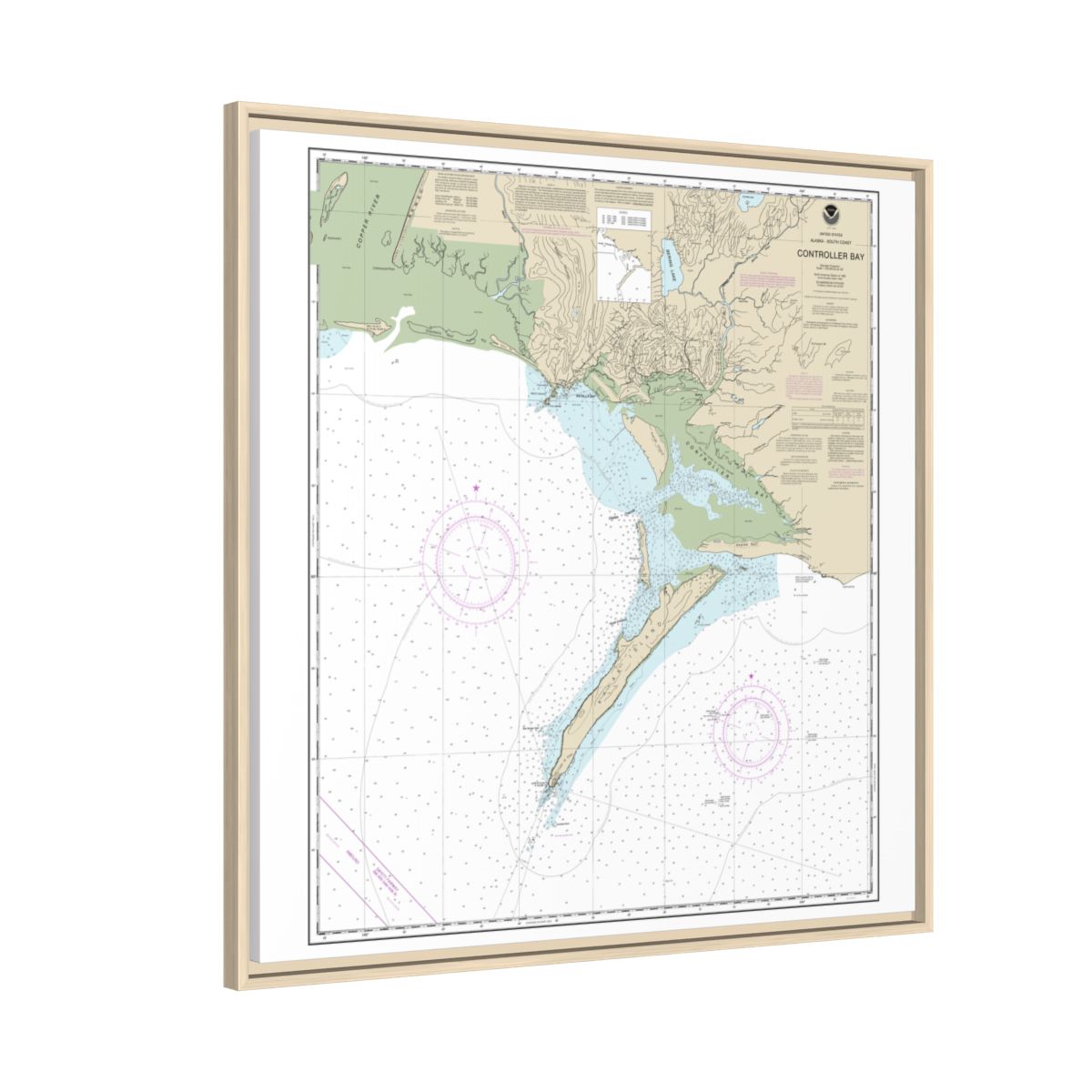 Chart 16723 Controller Bay - NOAA Nautical Chart Floating Frame Canvas | 32" x 32" - Natural side