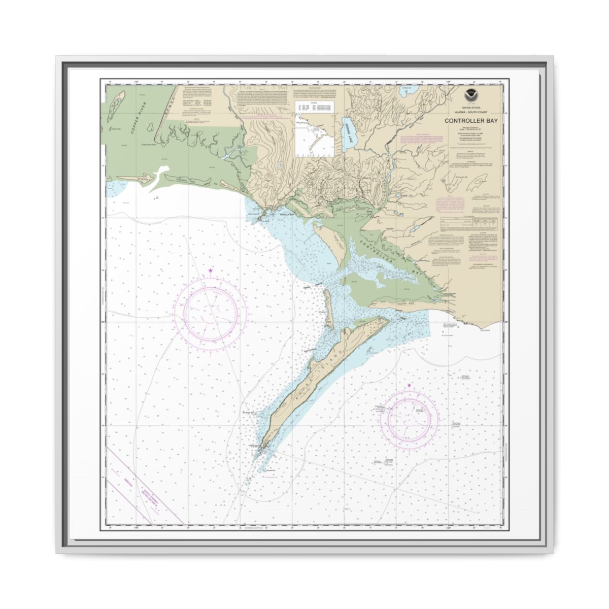 Chart 16723 Controller Bay - NOAA Nautical Chart Floating Frame Canvas | 32" x 32" - White front