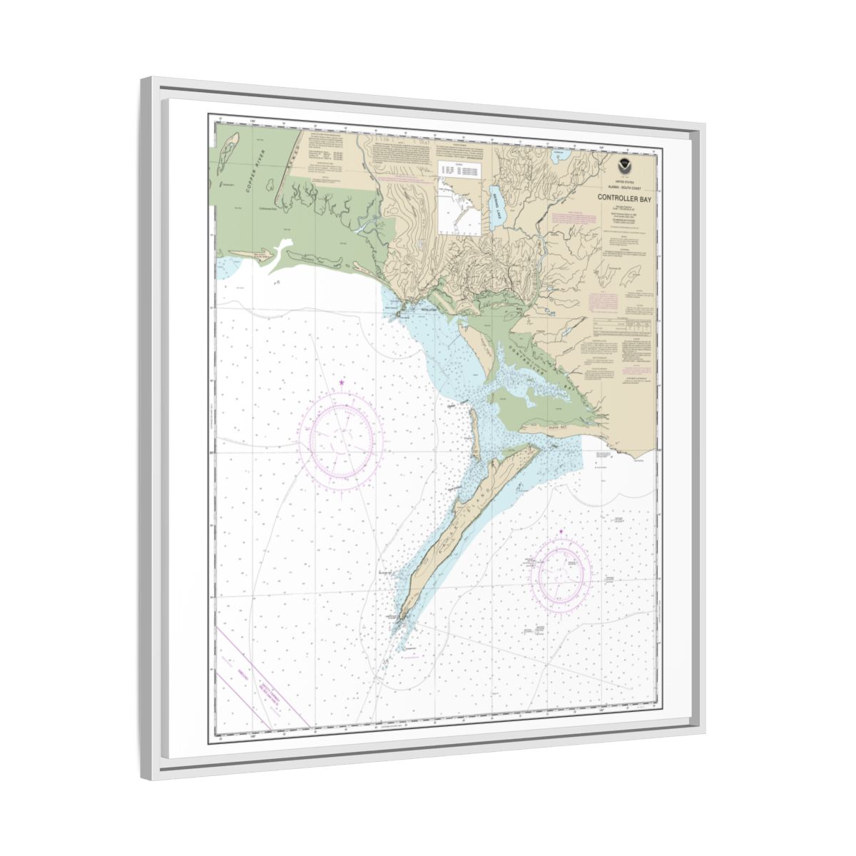 Chart 16723 Controller Bay - NOAA Nautical Chart Floating Frame Canvas | 32" x 32" - White side