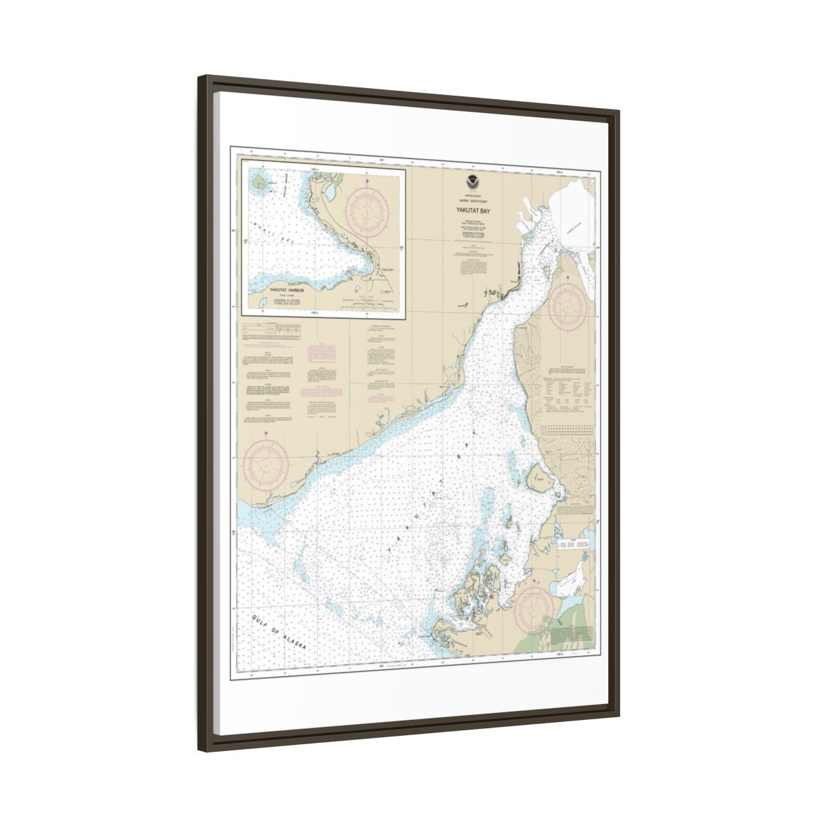 Chart 16761 Yakutat Bay;Yakutat Harbor - NOAA Nautical Chart Floating Frame Canvas | 24" x 32" | 30" x 40" - Espresso side
