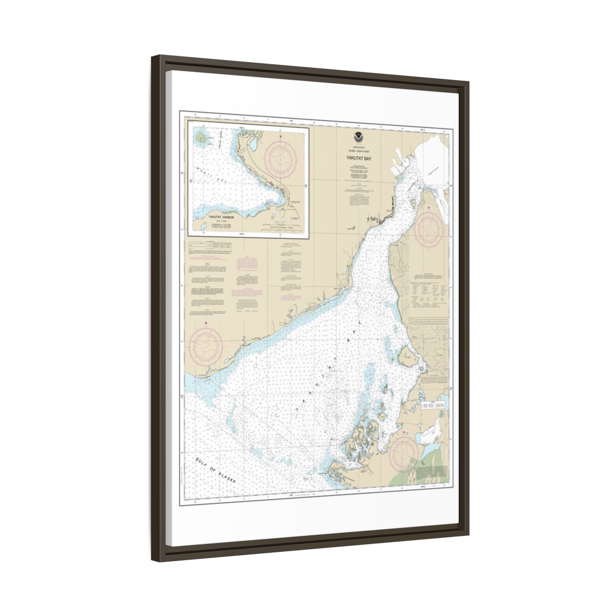 Chart 16761 Yakutat Bay;Yakutat Harbor - NOAA Nautical Chart Floating Frame Canvas | 24" x 32" | 30" x 40" - Espresso side