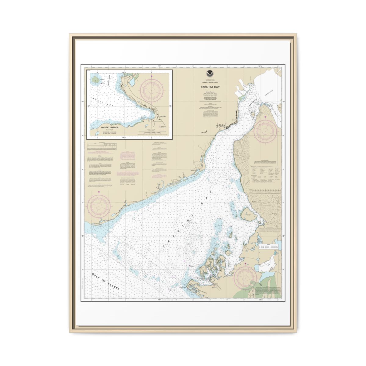 Chart 16761 Yakutat Bay;Yakutat Harbor - NOAA Nautical Chart Floating Frame Canvas | 24" x 32" | 30" x 40" - Natural front