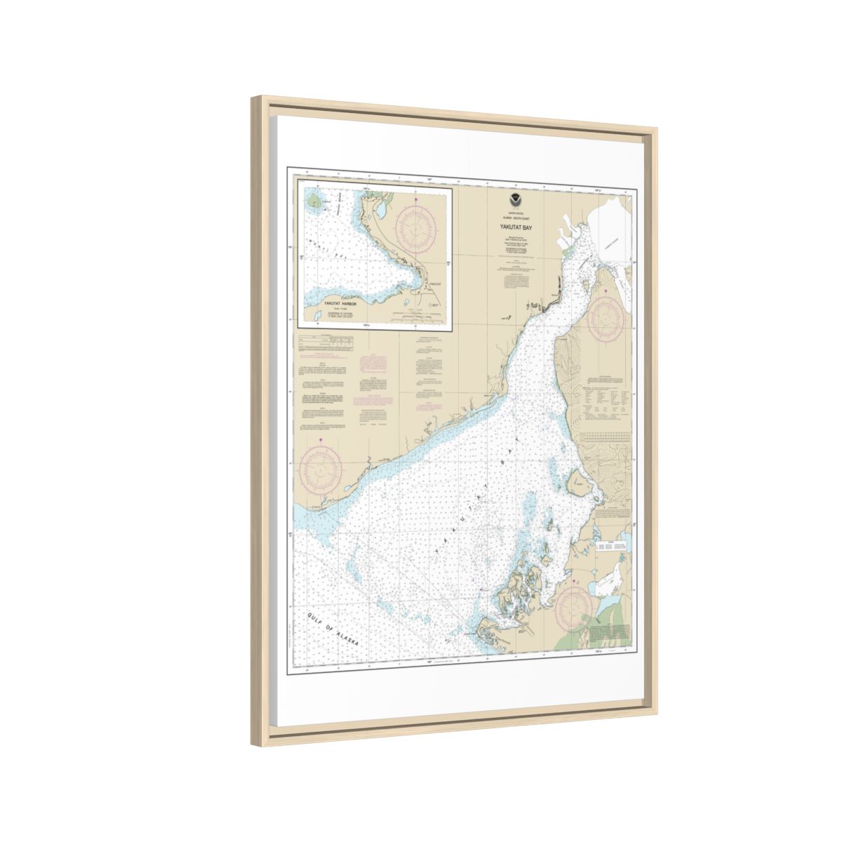 Chart 16761 Yakutat Bay;Yakutat Harbor - NOAA Nautical Chart Floating Frame Canvas | 24" x 32" | 30" x 40" - Natural side