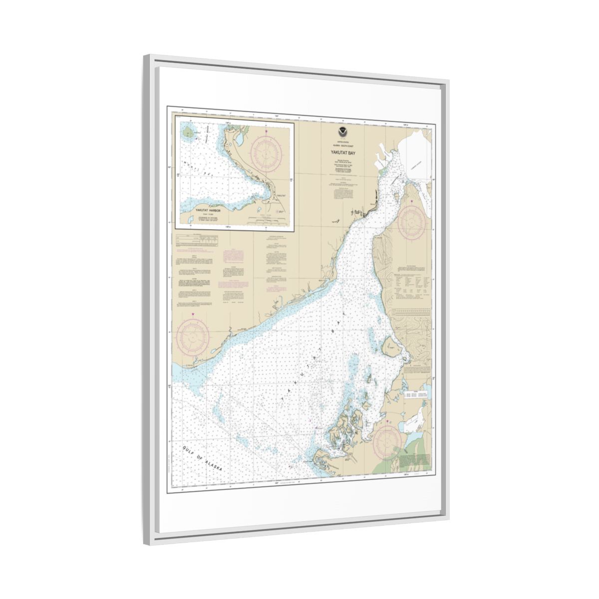 Chart 16761 Yakutat Bay;Yakutat Harbor - NOAA Nautical Chart Floating Frame Canvas | 24" x 32" | 30" x 40" - White side
