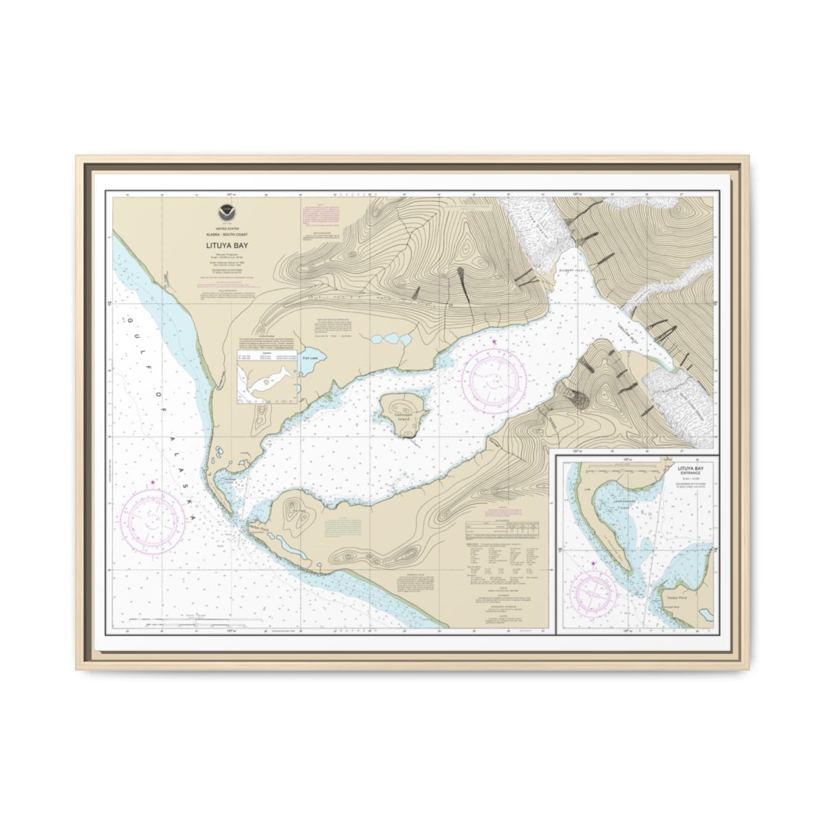 Chart 16762 Lituya Bay;Lituya Bay Entrance - NOAA Nautical Chart Floating Frame Canvas | 32" x 24" | 40" x 30" - Natural front