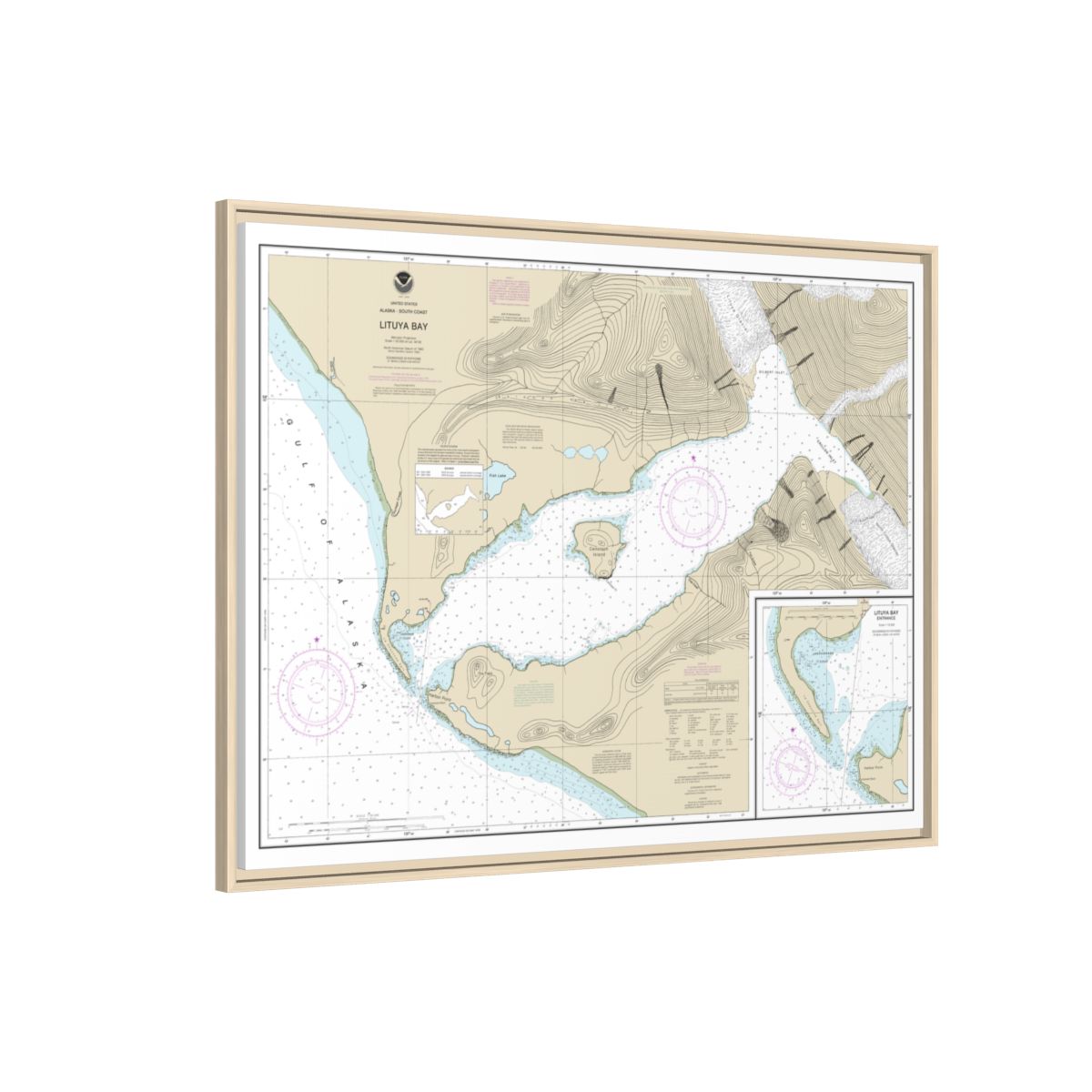Chart 16762 Lituya Bay;Lituya Bay Entrance - NOAA Nautical Chart Floating Frame Canvas | 32" x 24" | 40" x 30" - Natural side
