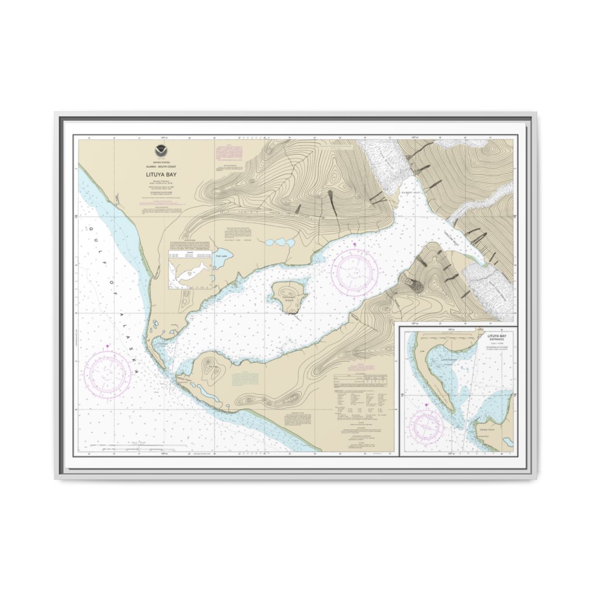 Chart 16762 Lituya Bay;Lituya Bay Entrance - NOAA Nautical Chart Floating Frame Canvas | 32" x 24" | 40" x 30" - White front