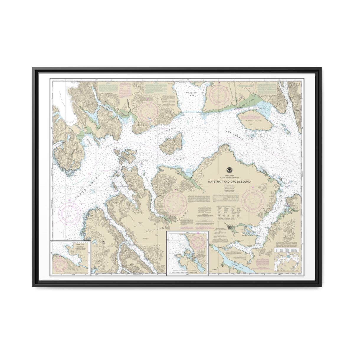 Chart 17302 Icy Strait and Cross Sound;Inian Cove;Elfin Cove - NOAA Nautical Chart Floating Frame Canvas | 32" x 24" | 40" x 30" - Black front