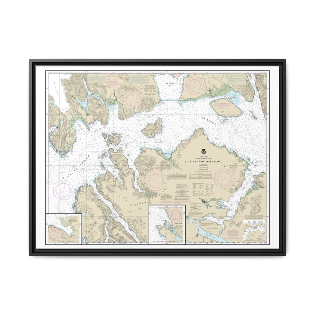 Chart 17302 Icy Strait and Cross Sound;Inian Cove;Elfin Cove - NOAA Nautical Chart Floating Frame Canvas | 32" x 24" | 40" x 30" - Black front