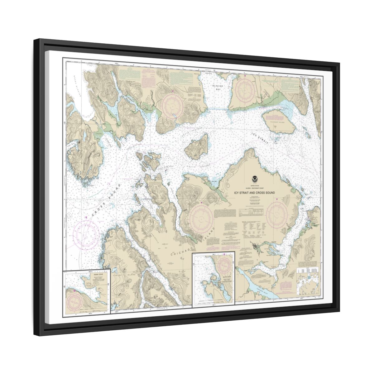 Chart 17302 Icy Strait and Cross Sound;Inian Cove;Elfin Cove - NOAA Nautical Chart Floating Frame Canvas | 32" x 24" | 40" x 30" - Black side