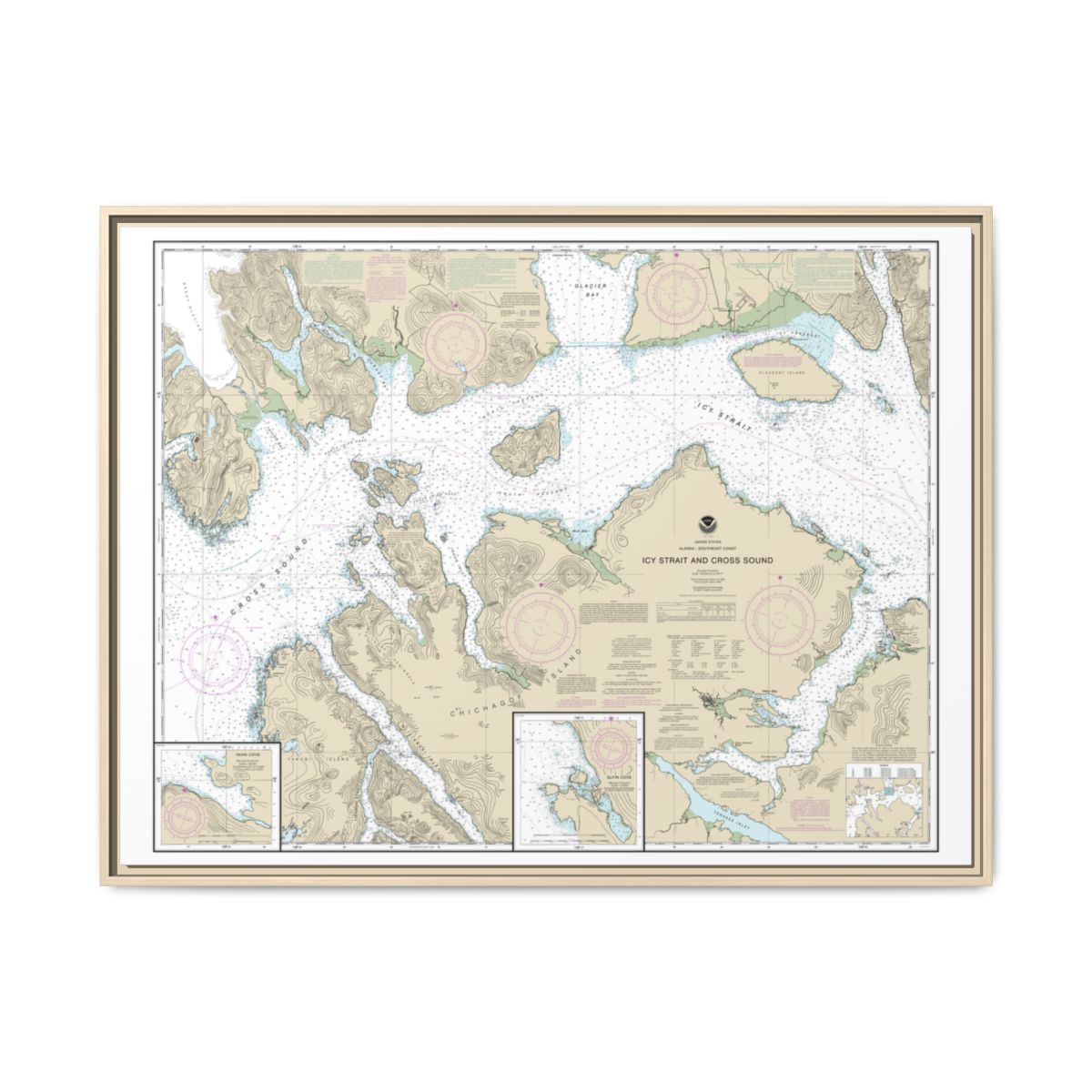 Chart 17302 Icy Strait and Cross Sound;Inian Cove;Elfin Cove - NOAA Nautical Chart Floating Frame Canvas | 32" x 24" | 40" x 30" - Natural front
