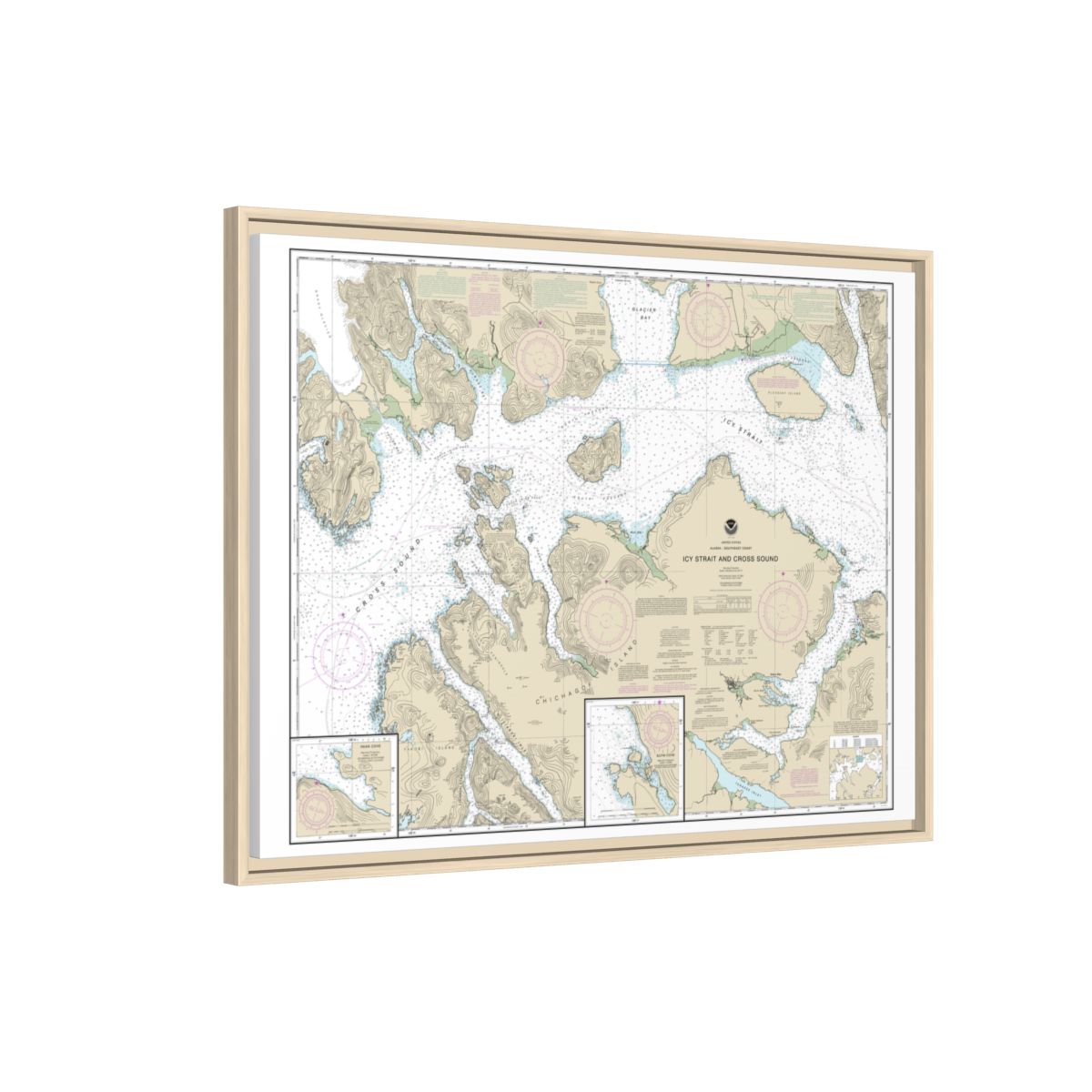 Chart 17302 Icy Strait and Cross Sound;Inian Cove;Elfin Cove - NOAA Nautical Chart Floating Frame Canvas | 32" x 24" | 40" x 30" - Natural side