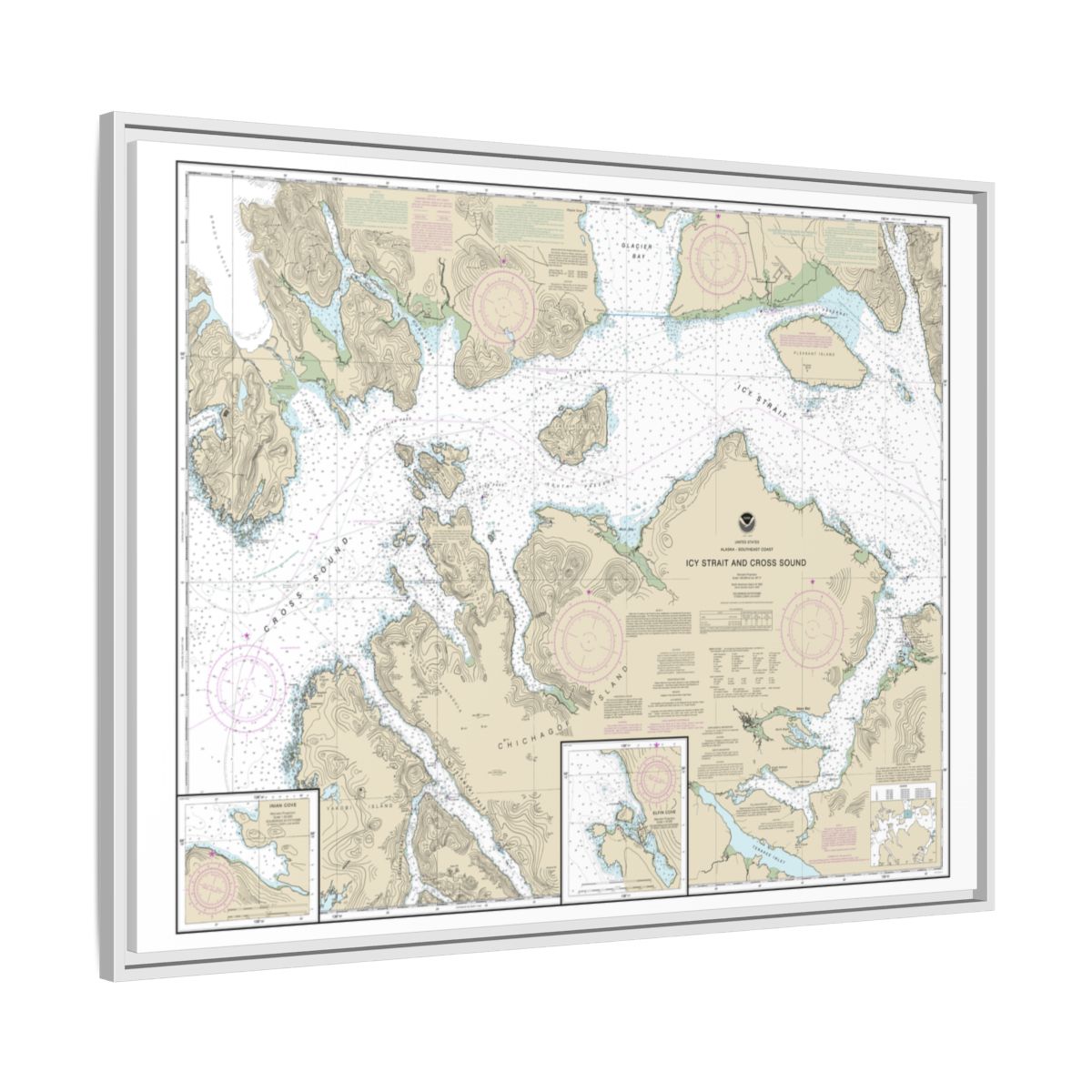 Chart 17302 Icy Strait and Cross Sound;Inian Cove;Elfin Cove - NOAA Nautical Chart Floating Frame Canvas | 32" x 24" | 40" x 30" - White side
