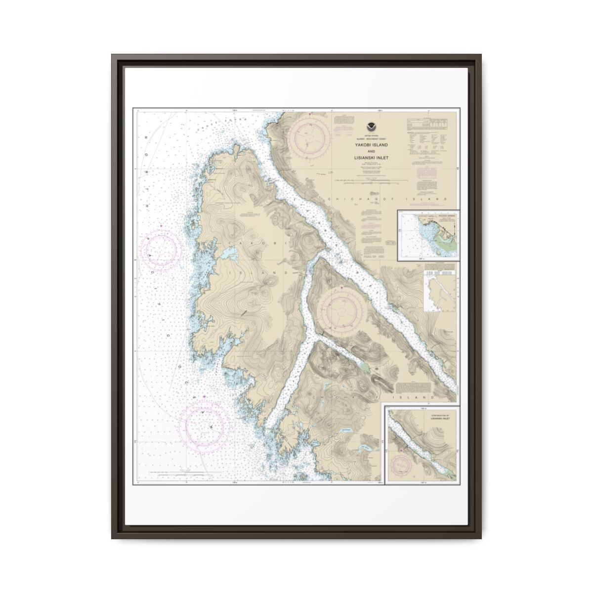 Chart 17303 Yakobi Island and Lisianski Inlet;Pelican Harbor - NOAA Nautical Chart Floating Frame Canvas | 24" x 32" | 30" x 40" - Espresso front