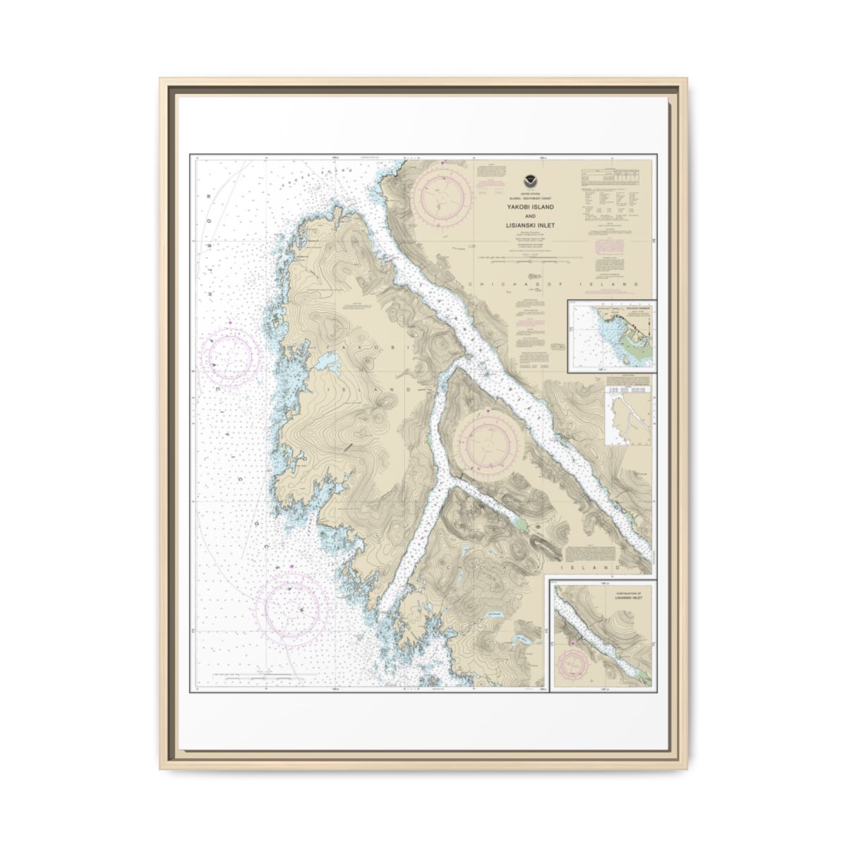 Chart 17303 Yakobi Island and Lisianski Inlet;Pelican Harbor - NOAA Nautical Chart Floating Frame Canvas | 24" x 32" | 30" x 40" - Natural front