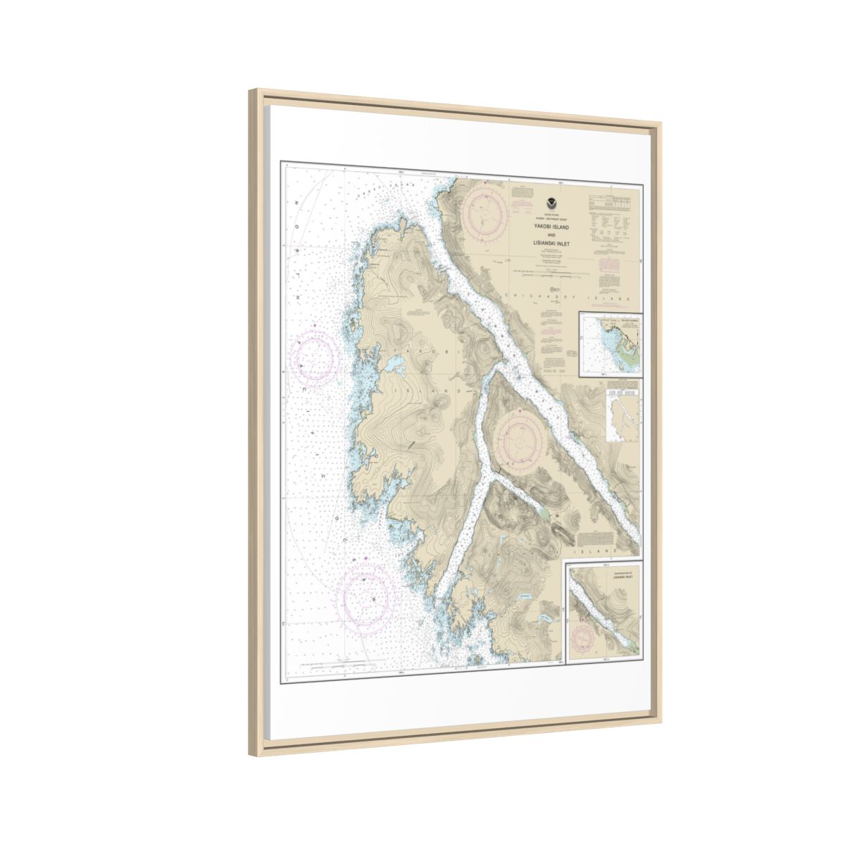 Chart 17303 Yakobi Island and Lisianski Inlet;Pelican Harbor - NOAA Nautical Chart Floating Frame Canvas | 24" x 32" | 30" x 40" - Natural side