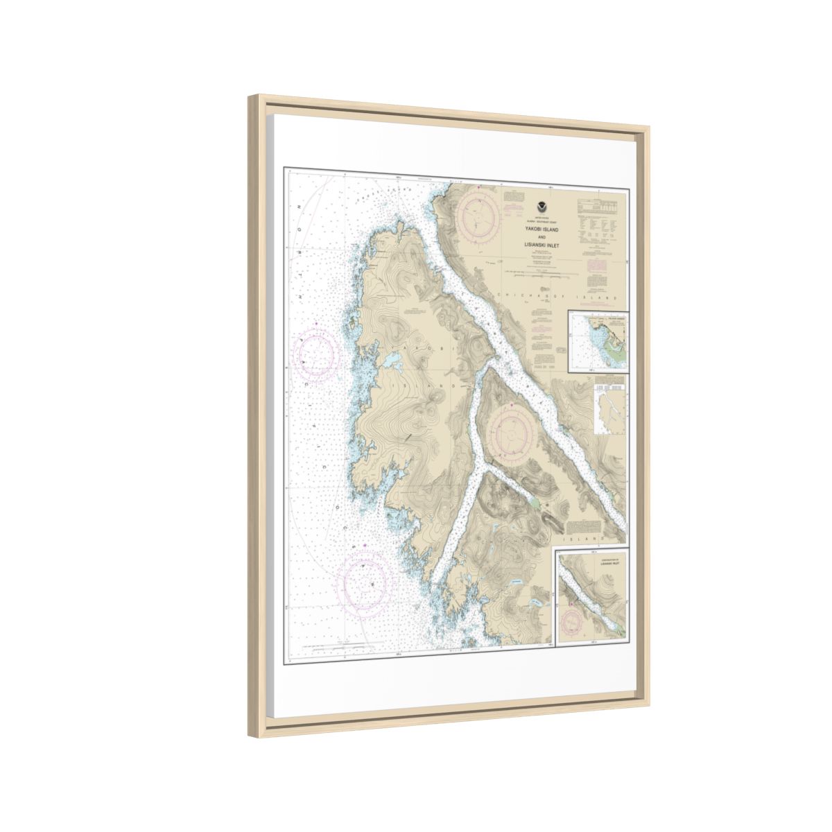 Chart 17303 Yakobi Island and Lisianski Inlet;Pelican Harbor - NOAA Nautical Chart Floating Frame Canvas | 24" x 32" | 30" x 40" - Natural side