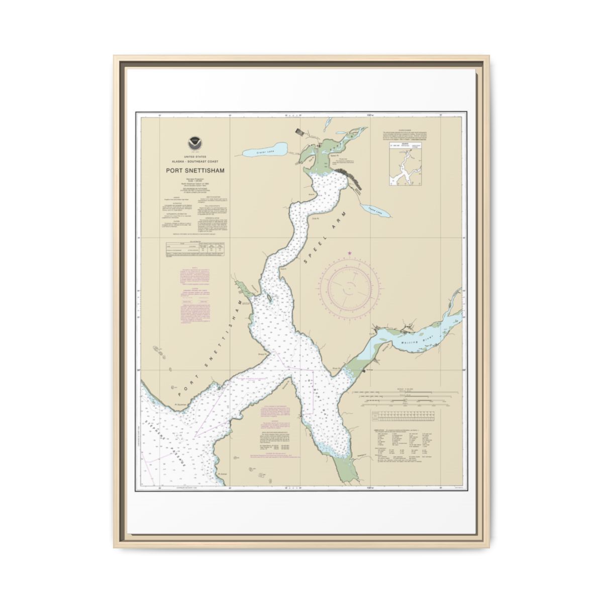 Chart 17313 Port Snettisham - NOAA Nautical Chart Floating Frame Canvas | 24" x 32" | 30" x 40" - Natural front