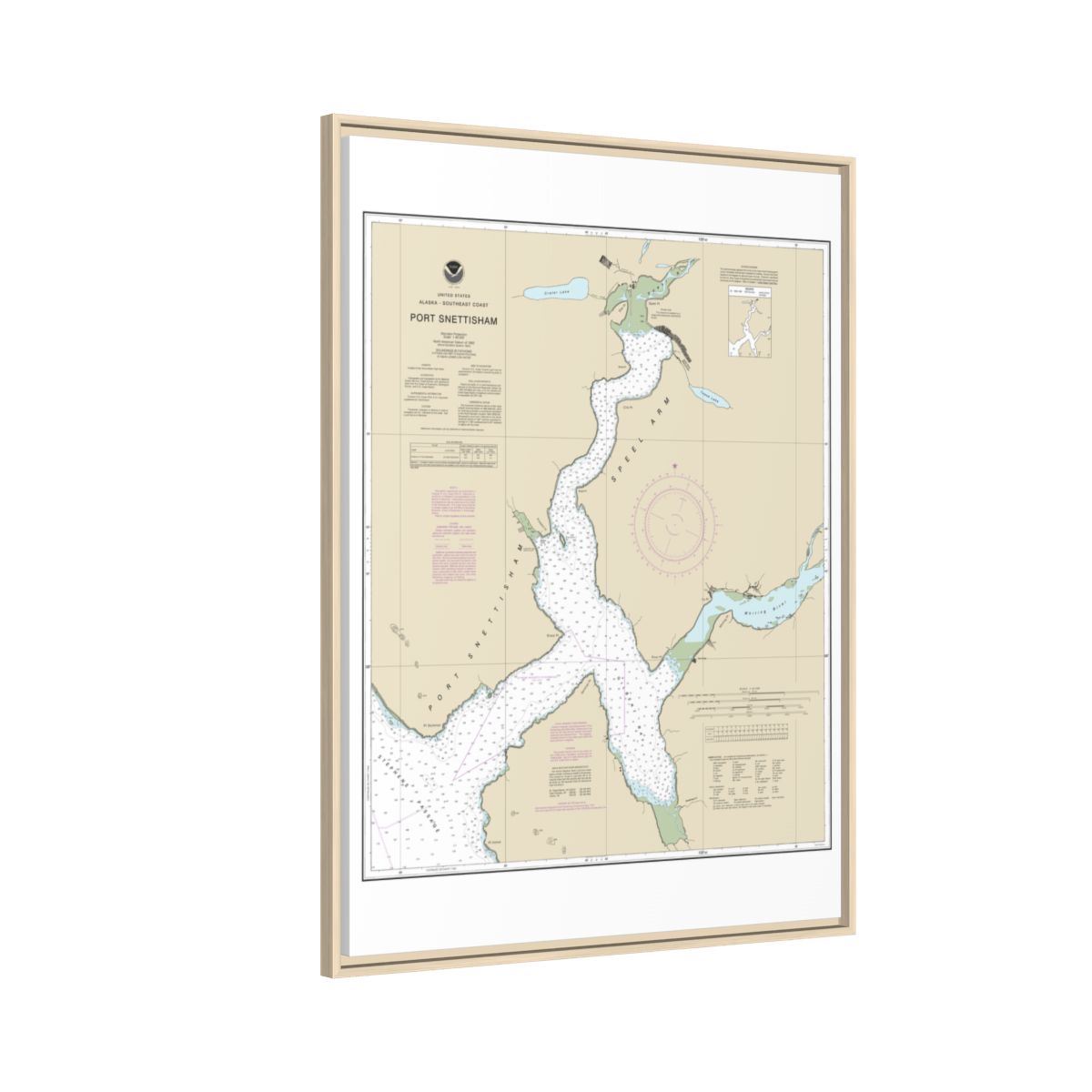 Chart 17313 Port Snettisham - NOAA Nautical Chart Floating Frame Canvas | 24" x 32" | 30" x 40" - Natural side