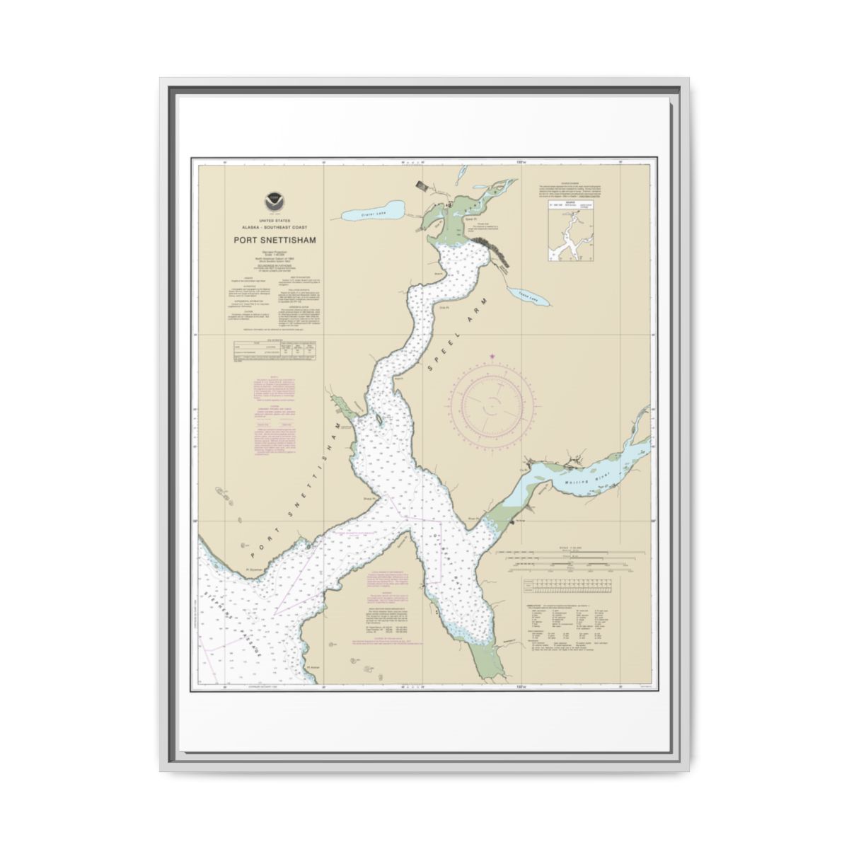 Chart 17313 Port Snettisham - NOAA Nautical Chart Floating Frame Canvas | 24" x 32" | 30" x 40" - White front