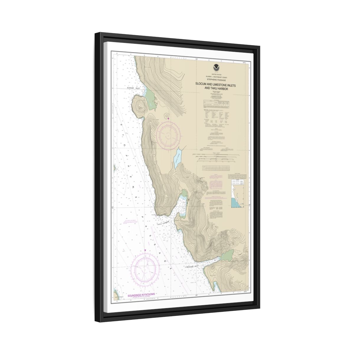 Chart 17314 Slocum and Limestone Inlets and Taku Harbor - NOAA Nautical Chart Floating Frame Canvas | 20" x 30" | 24" x 36" | 32" x 48" - Black side