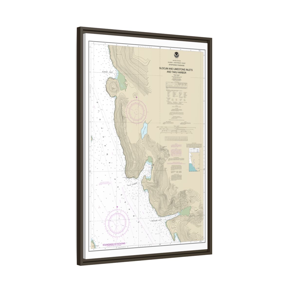 Chart 17314 Slocum and Limestone Inlets and Taku Harbor - NOAA Nautical Chart Floating Frame Canvas | 20" x 30" | 24" x 36" | 32" x 48" - Espresso side