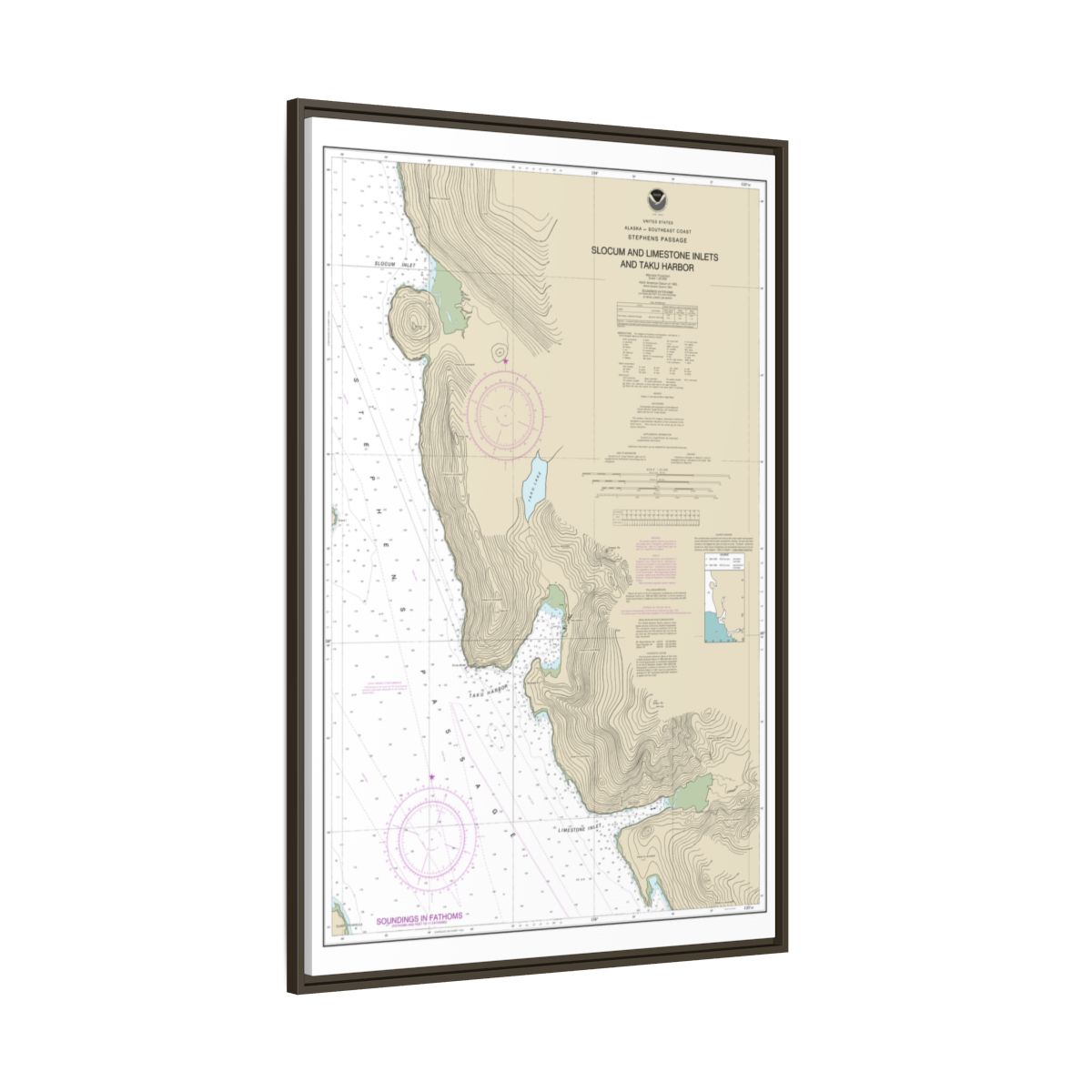 Chart 17314 Slocum and Limestone Inlets and Taku Harbor - NOAA Nautical Chart Floating Frame Canvas | 20" x 30" | 24" x 36" | 32" x 48" - Espresso side