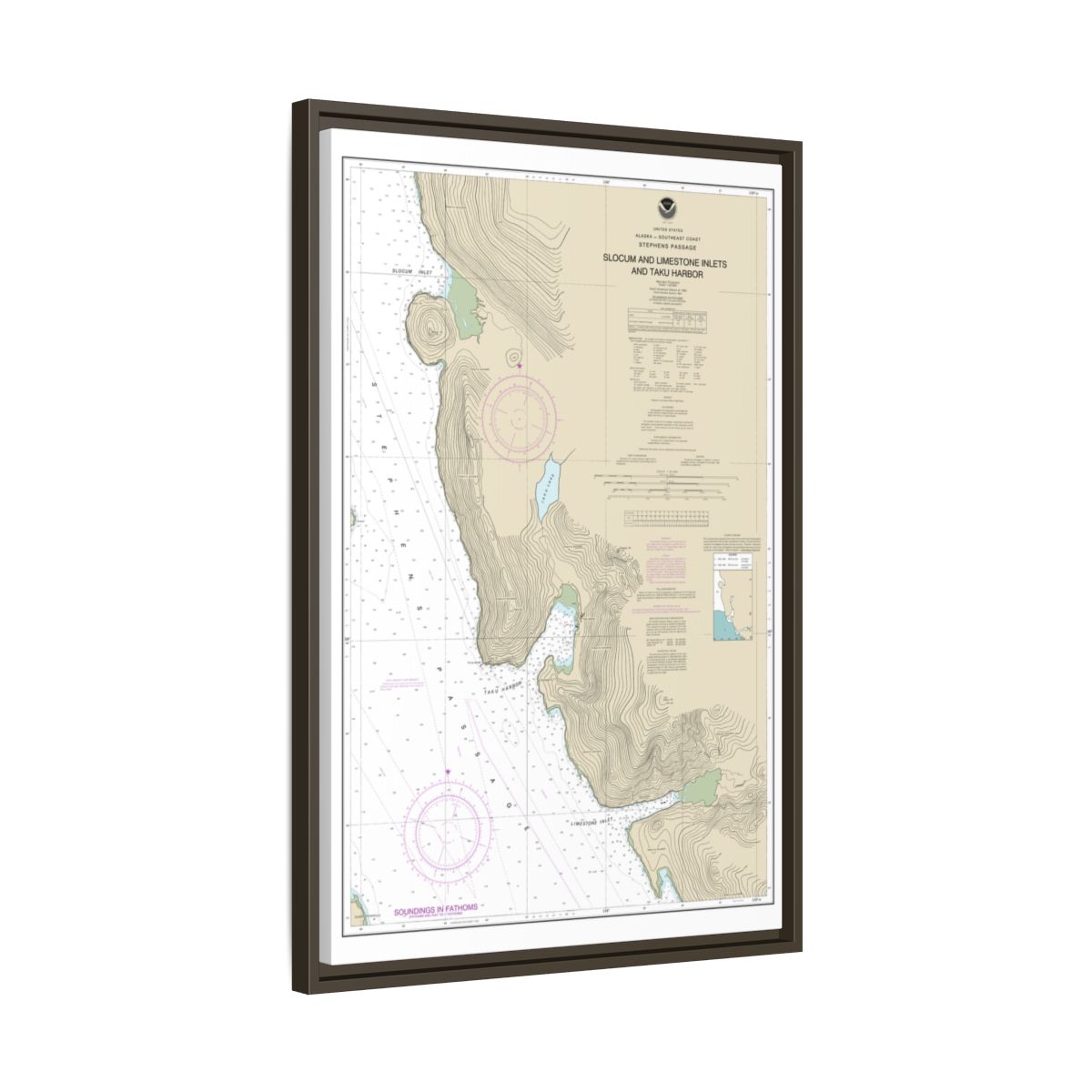 Chart 17314 Slocum and Limestone Inlets and Taku Harbor - NOAA Nautical Chart Floating Frame Canvas | 20" x 30" | 24" x 36" | 32" x 48" - Espresso side
