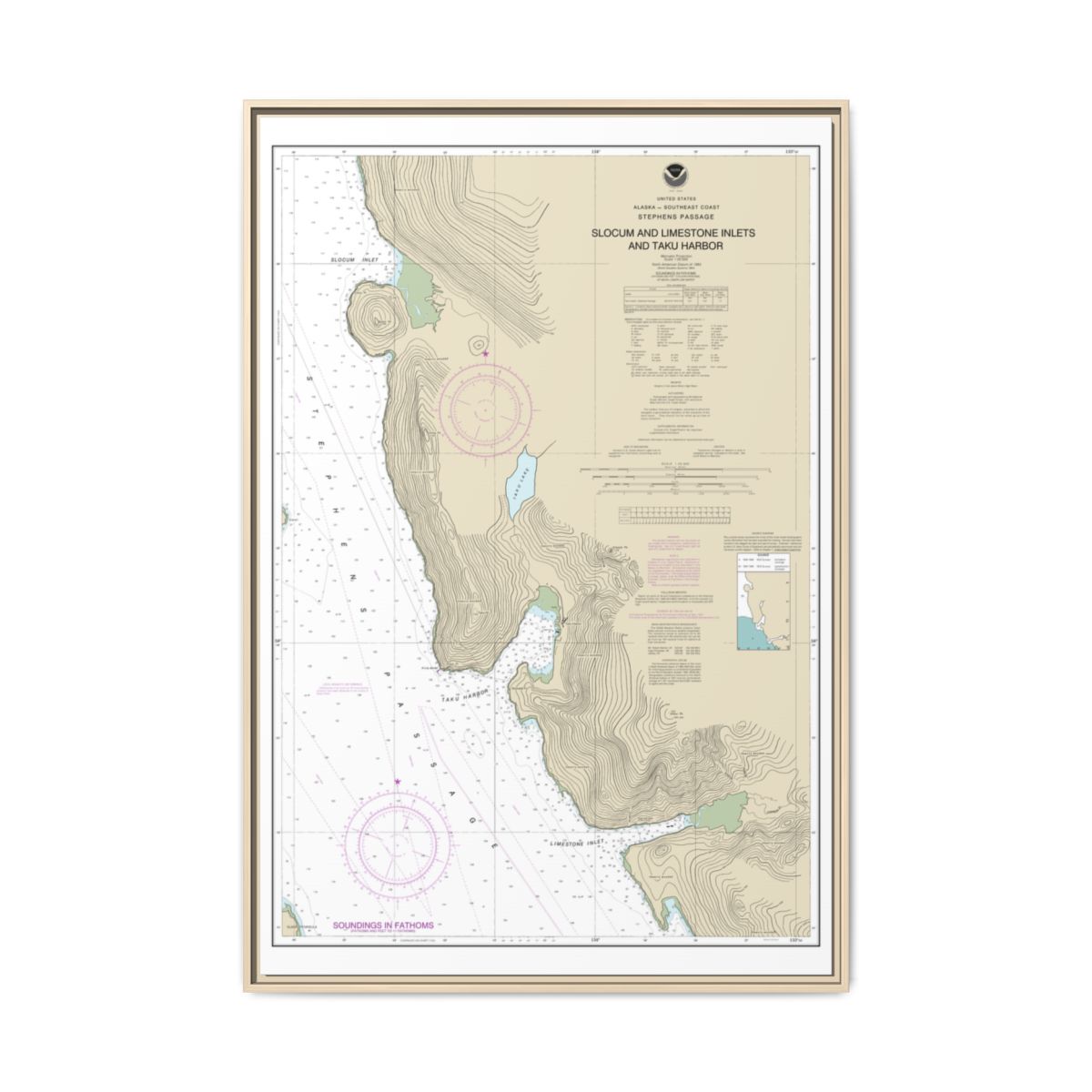 Chart 17314 Slocum and Limestone Inlets and Taku Harbor - NOAA Nautical Chart Floating Frame Canvas | 20" x 30" | 24" x 36" | 32" x 48" - Natural front