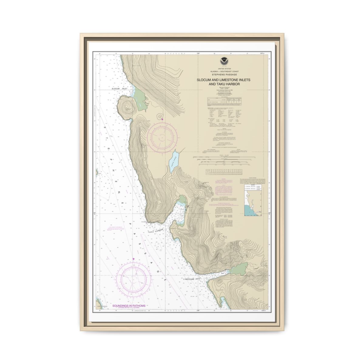 Chart 17314 Slocum and Limestone Inlets and Taku Harbor - NOAA Nautical Chart Floating Frame Canvas | 20" x 30" | 24" x 36" | 32" x 48" - Natural front