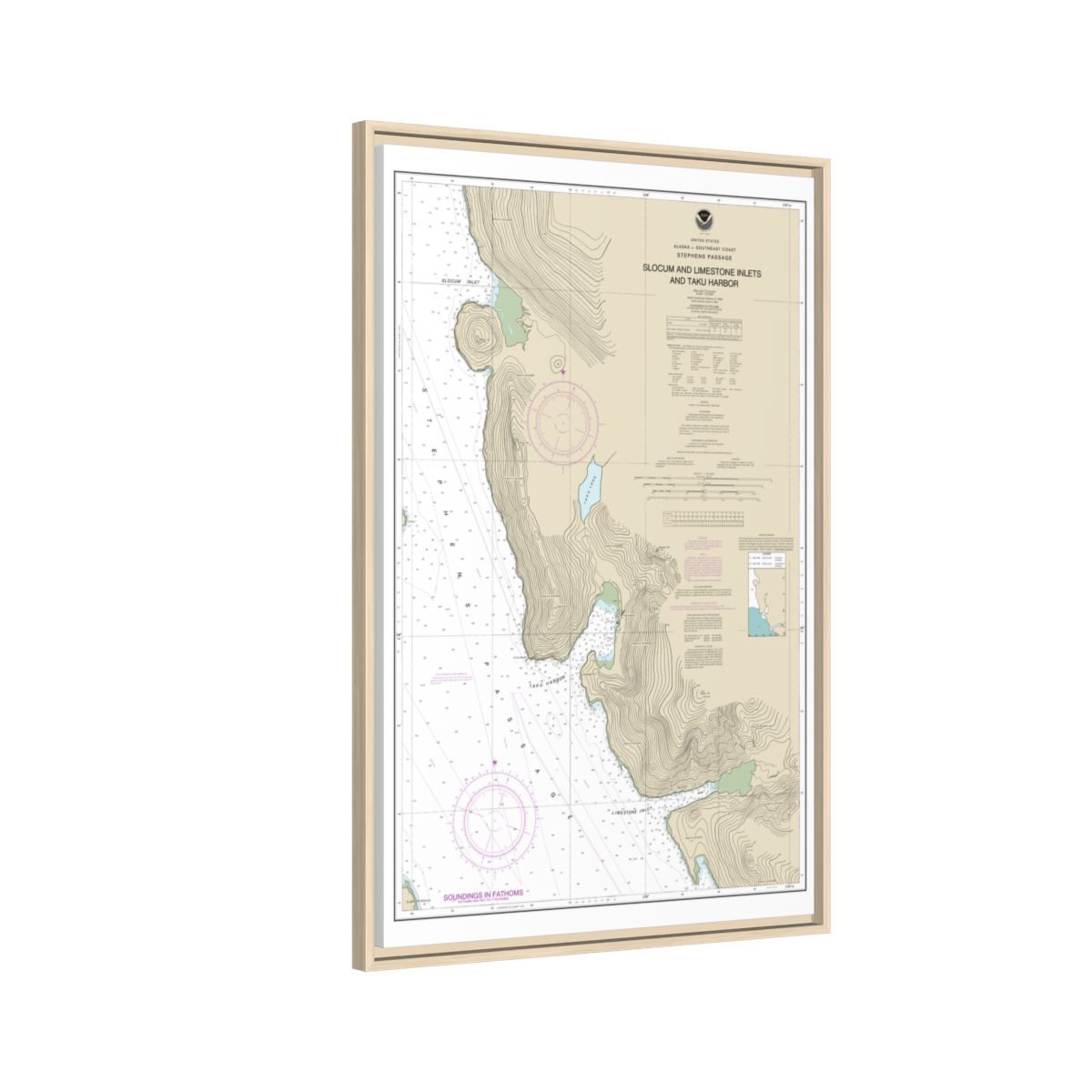 Chart 17314 Slocum and Limestone Inlets and Taku Harbor - NOAA Nautical Chart Floating Frame Canvas | 20" x 30" | 24" x 36" | 32" x 48" - Natural side