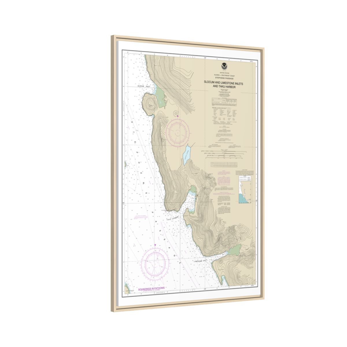 Chart 17314 Slocum and Limestone Inlets and Taku Harbor - NOAA Nautical Chart Floating Frame Canvas | 20" x 30" | 24" x 36" | 32" x 48" - Natural side