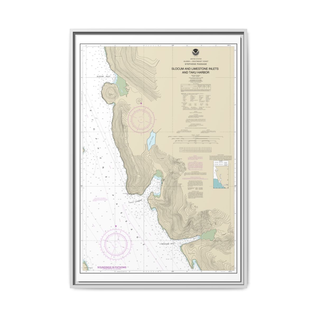 Chart 17314 Slocum and Limestone Inlets and Taku Harbor - NOAA Nautical Chart Floating Frame Canvas | 20" x 30" | 24" x 36" | 32" x 48" - White front
