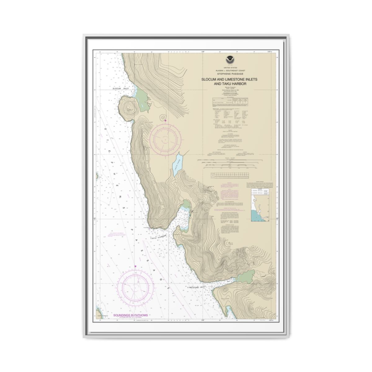 Chart 17314 Slocum and Limestone Inlets and Taku Harbor - NOAA Nautical Chart Floating Frame Canvas | 20" x 30" | 24" x 36" | 32" x 48" - White front