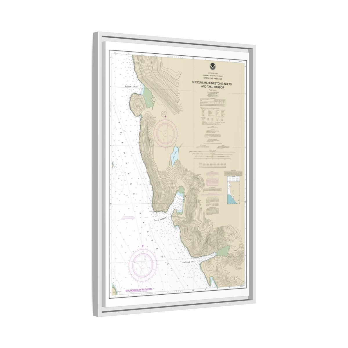 Chart 17314 Slocum and Limestone Inlets and Taku Harbor - NOAA Nautical Chart Floating Frame Canvas | 20" x 30" | 24" x 36" | 32" x 48" - White side