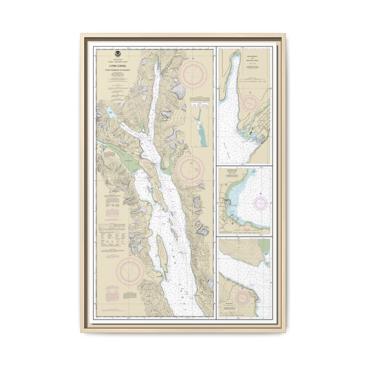 Chart 17317 Lynn Canal-Point Sherman to Skagway;Lutak Inlet;Skagway and Nahku Bay;Portage Cove, Chilkoot Inlet - NOAA Nautical Chart Floating Frame Canvas | 20" x 30" | 24" x 36" | 32" x 48" - Natural front