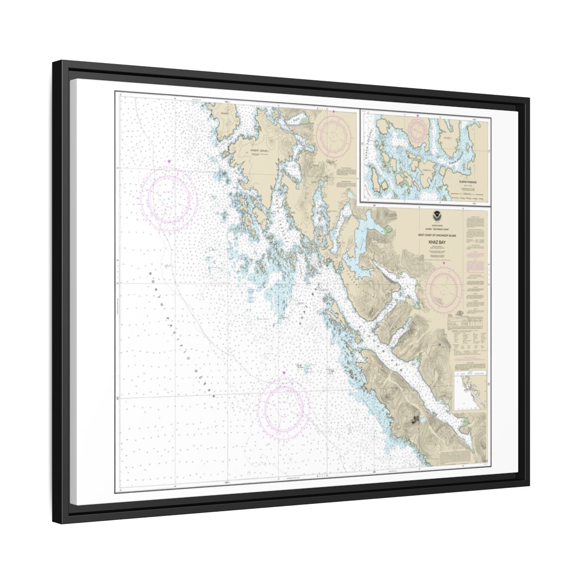 Chart 17322 Khaz Bay, Chichagof Island Elbow Passage - NOAA Nautical Chart Floating Frame Canvas | 32" x 24" | 40" x 30" - Black side